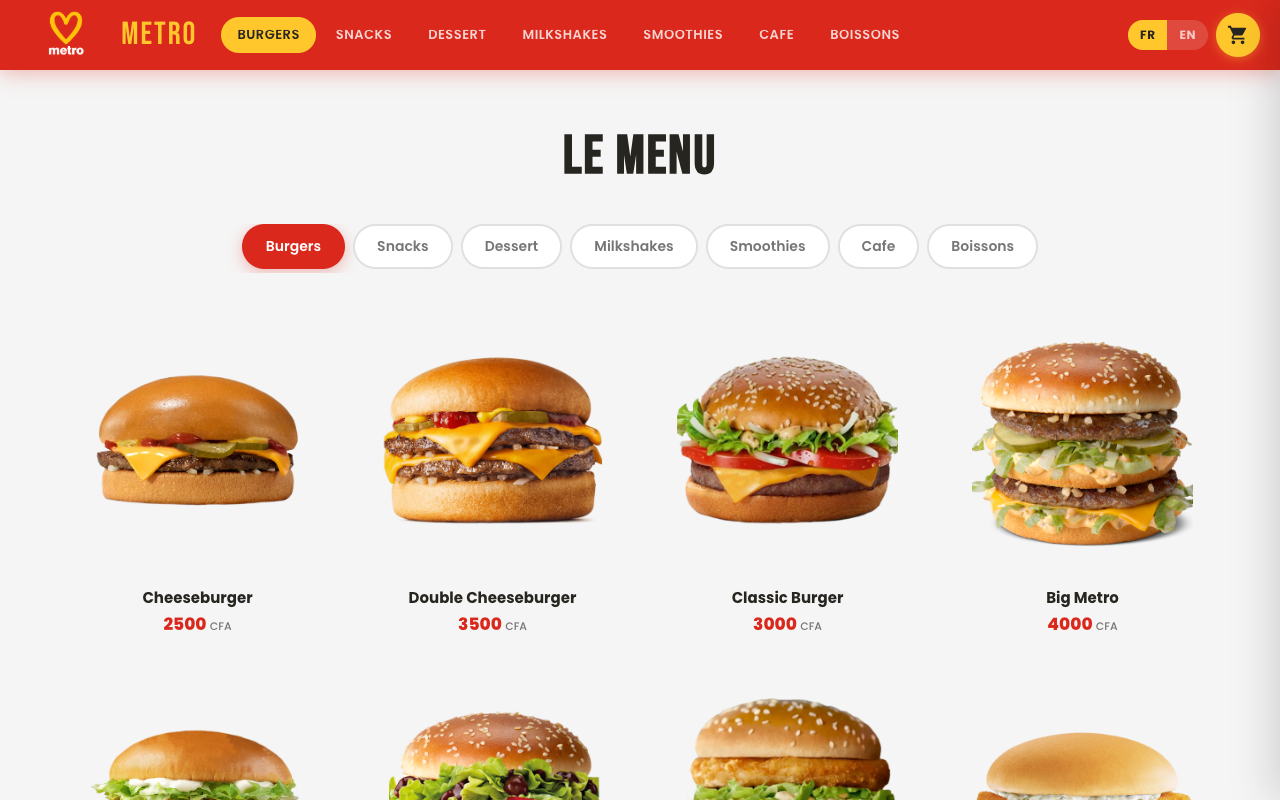 Metroo Senegal website — fast food delivery in Dakar featuring burgers, shakes and more